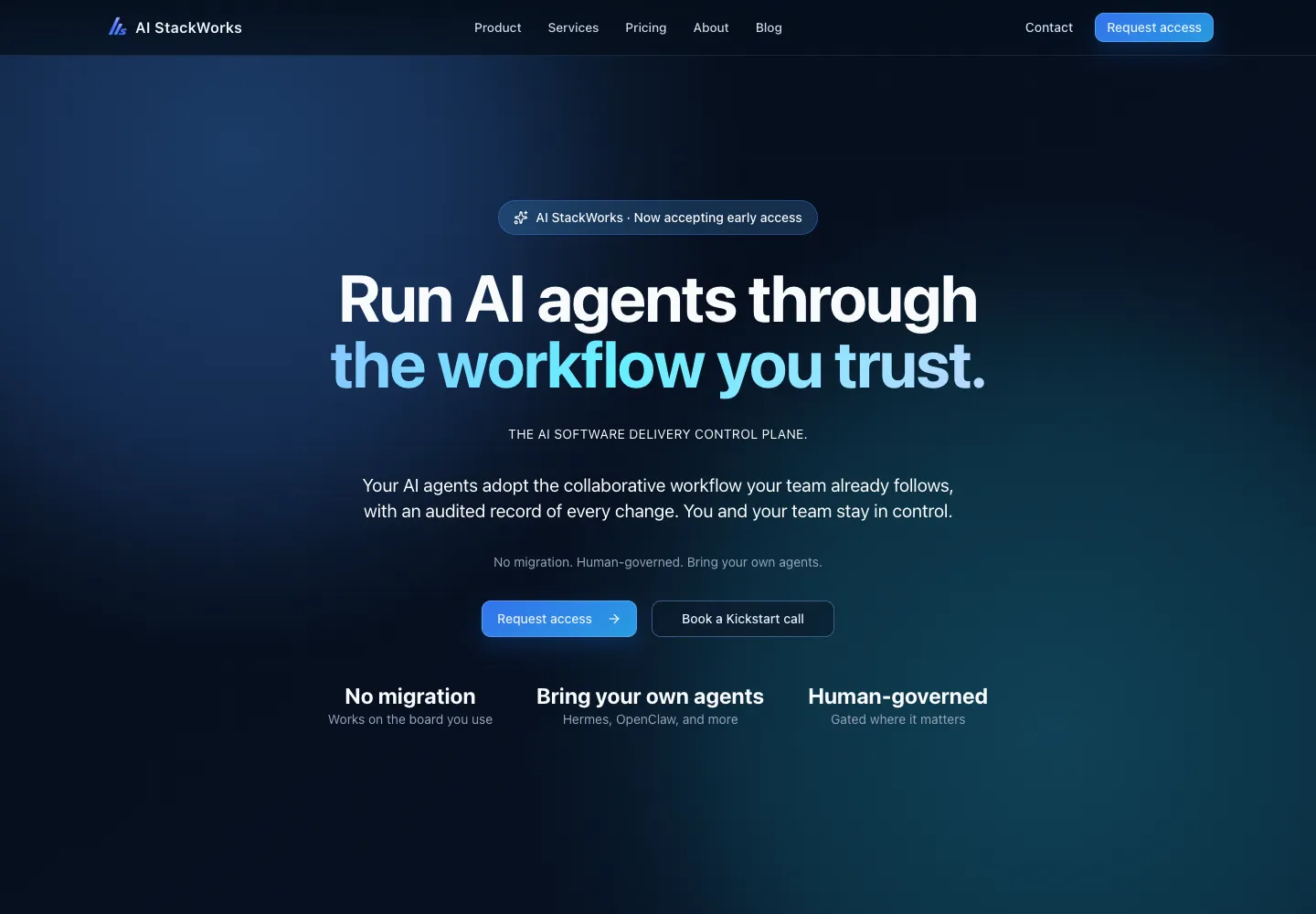 AI StackWorks homepage screenshot showing the AI workflow control plane hero