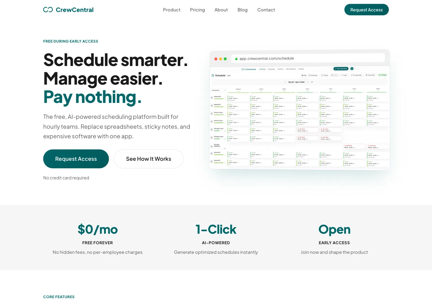 CrewCentral homepage screenshot showing the scheduling platform hero and product interface