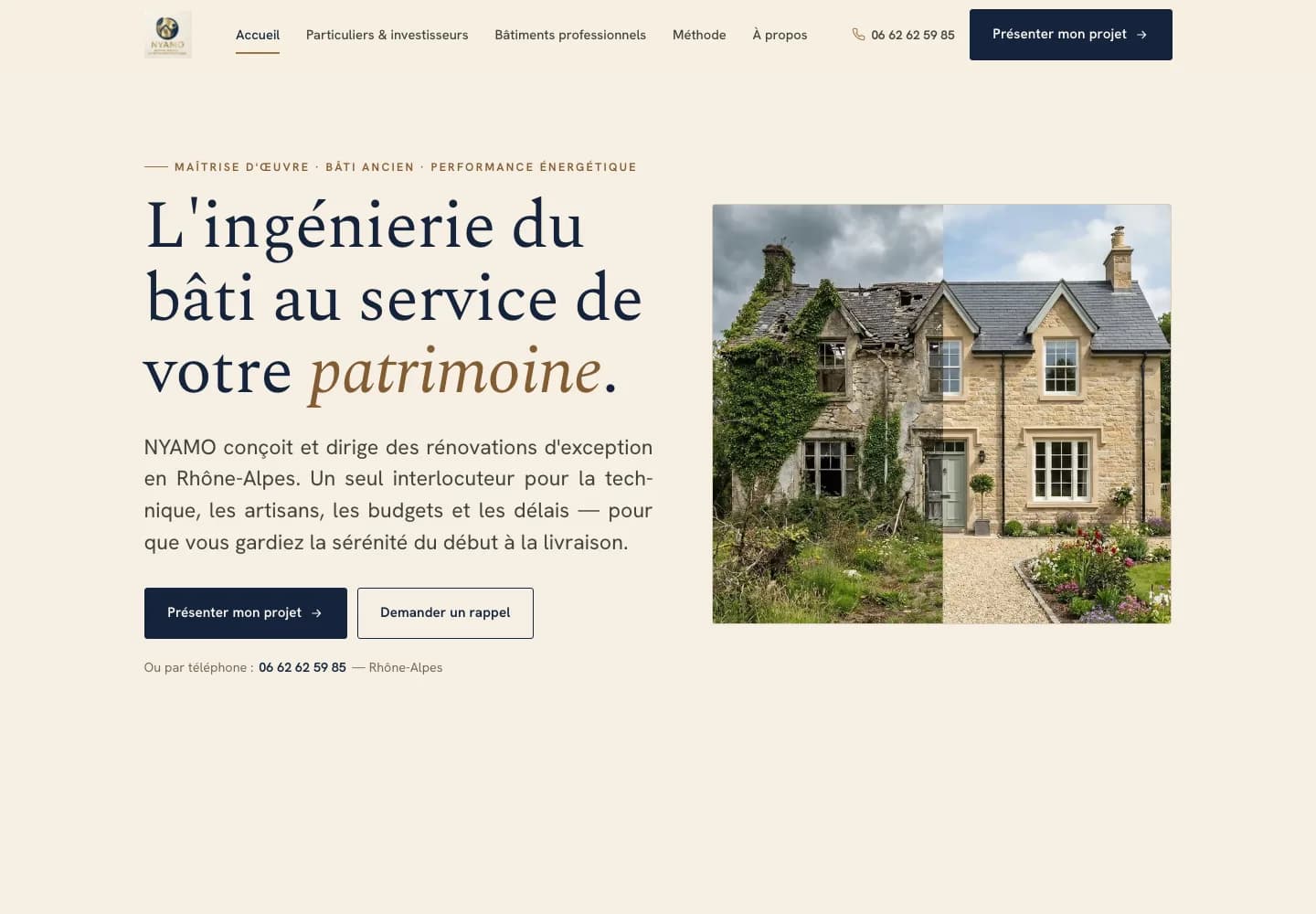 Nyamo homepage screenshot showing the renovation and energy-performance hero for the French maitrise d'oeuvre studio.